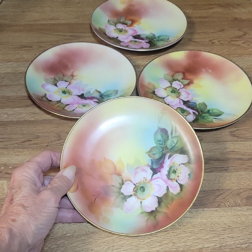 Antique Floral Hand-Painted Snack Plates/ SIGNED